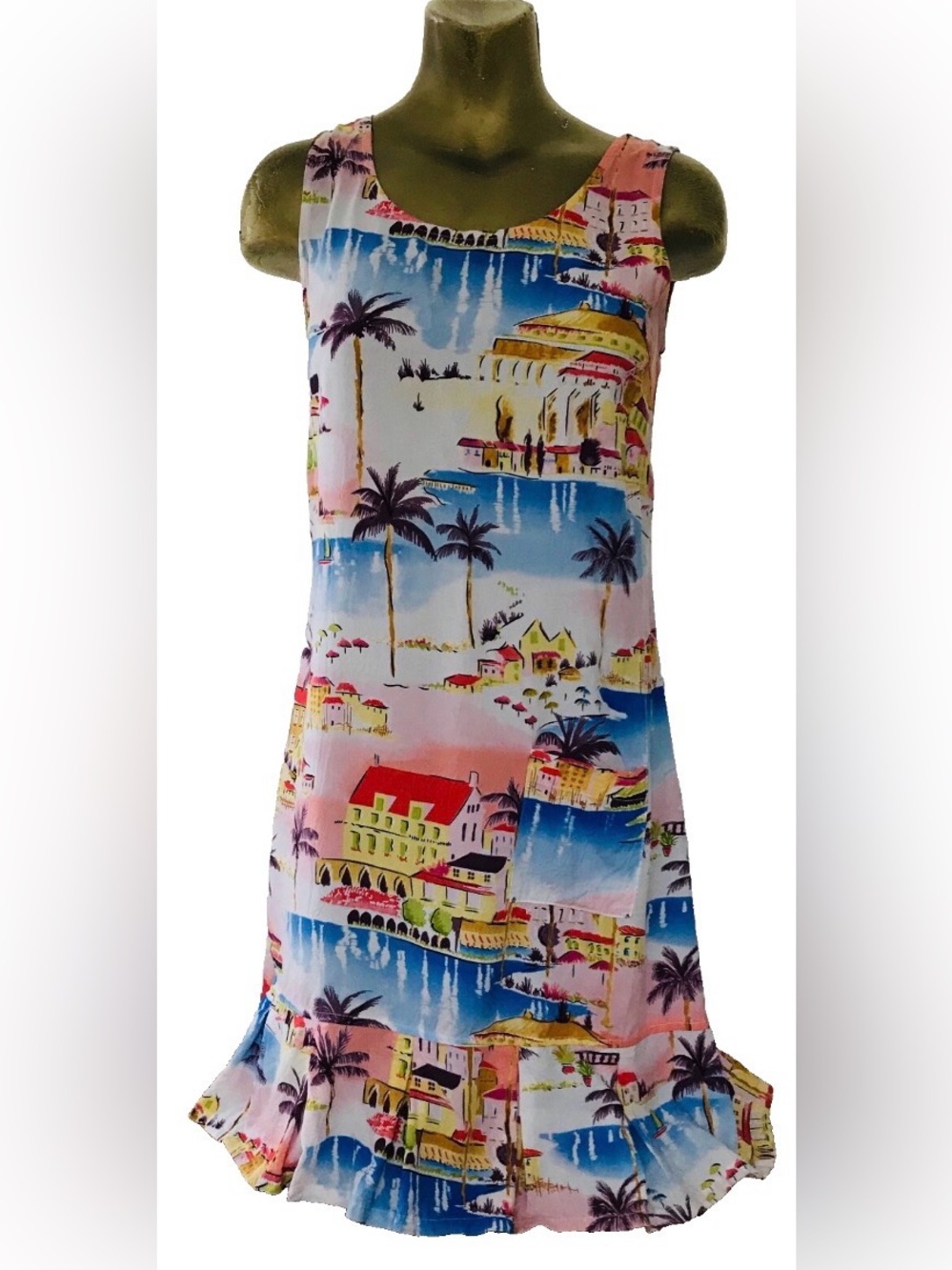 VINTAGE 80s LINE TWO French Riviera Print RESORT DRESS Size Small